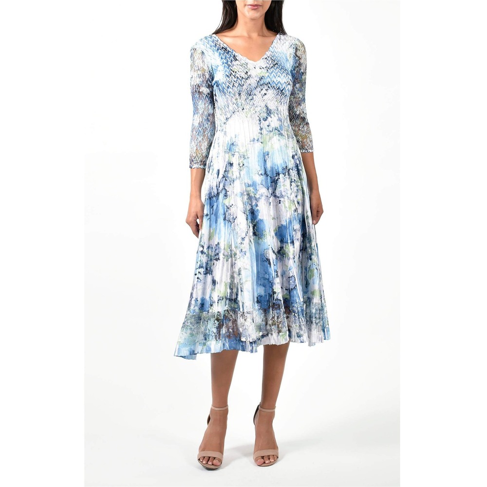 Komarov Blue Watercolor Print Charmeuse 3/4 Sleeve Pleated Midi Dress- M
